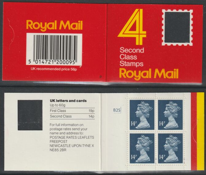 Booklet - Great Britain 1988 Laminated Window cover with 4 x 14p 2nd class stamps with cyl B25, stamps on machins