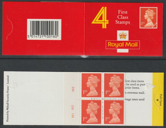 Booklet - Great Britain - Laminated cover with 4 x 1st class stamps with cyl W1-W2-W2, stamps on machins