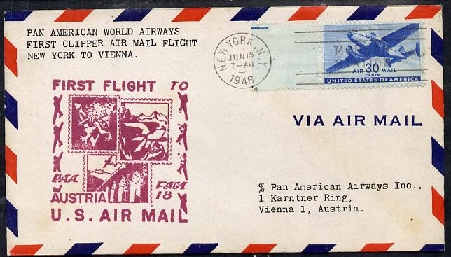 United States 1946 Pan American Airways First Clipper Air Mail Flight cover to Austria (Vienna) with special illustrated (Stamps) Cachet and bearing 30c Airmail adhesive, stamps on , stamps on  stamps on aviation      stamp on stamp      postal, stamps on  stamps on stamponstamp