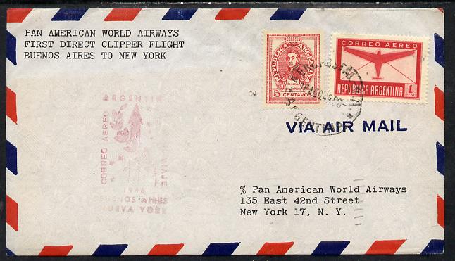 Argentine Republic 1946 Pan American Airways First Clipper Air Mail Flight cover Buenos Aires to New York with special illustrated Cachet, stamps on aviation     