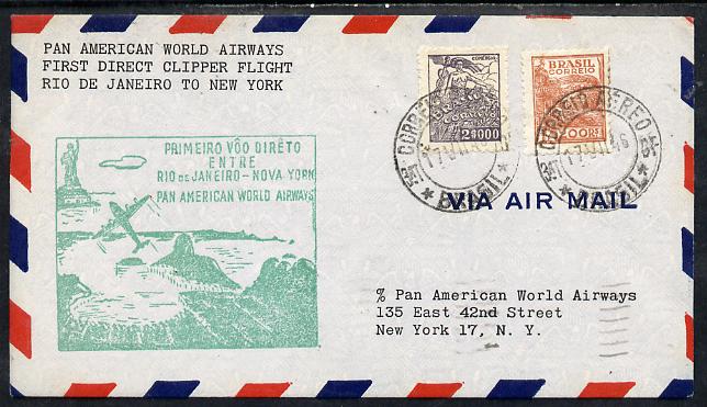 Brazil 1946 Pan American Airways First Clipper Air Mail Flight cover Rio to New York with special illustrated Cachet, stamps on , stamps on  stamps on aviation     