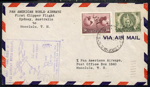 Australia 1947 Pan American Airways First Clipper Air Mail Flight cover Sydney to Honolulu with special illustrated Cachet (Map of Route) bearing Hermes 1s6d & Mitchell 1..., stamps on aviation, stamps on maps, stamps on ancient greece, stamps on  kg6 , stamps on 