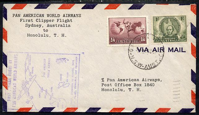 Australia 1947 Pan American Airways First Clipper Air Mail Flight cover Sydney to Honolulu with special illustrated Cachet (Map of Route) bearing Hermes 1s6d & Mitchell 1...