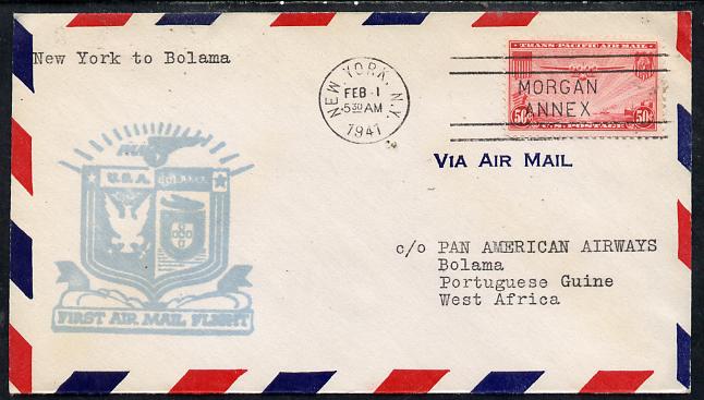 United States 1941 Pan American Airways First Flight cover New York to Bolama (Port Guinea) with special Cachet , stamps on aviation