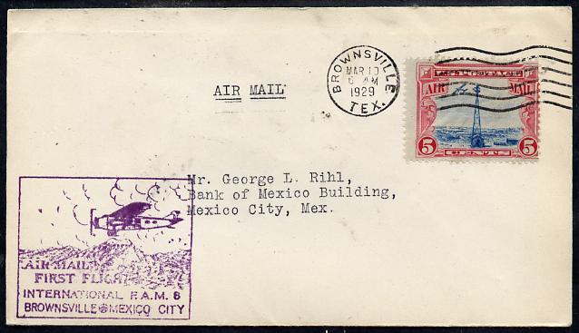 United States 1929 First Flight cover (FAM 8) Brownsville to Mexico City with special Cachet  bearing 5c Airmail adhesive, stamps on aviation