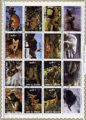 Umm Al Qiwain 1972 Animals #1 sheetlet containing 16 values cto used (Mi 1130-45), stamps on animals   bears    seal    camel    deer    rabbit    llama    fox    squirrel     dogs, stamps on  fox , stamps on foxes, stamps on 