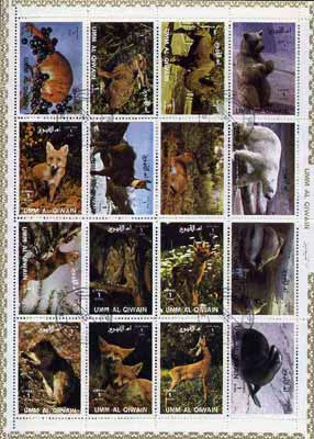 Umm Al Qiwain 1972 Animals #1 sheetlet containing 16 values cto used (Mi 1130-45), stamps on animals   bears    seal    camel    deer    rabbit    llama    fox    squirrel     dogs, stamps on  fox , stamps on foxes, stamps on  