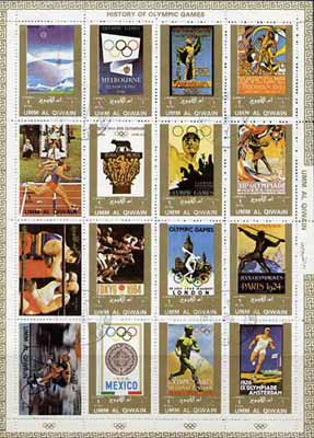 Umm Al Qiwain 1972 History of Olympics sheetlet containing 16 values cto used (Mi 1098-1113A), stamps on , stamps on  stamps on sport, stamps on running, stamps on discus, stamps on boxing, stamps on ancient greece, stamps on javelin     bicycles   olympics