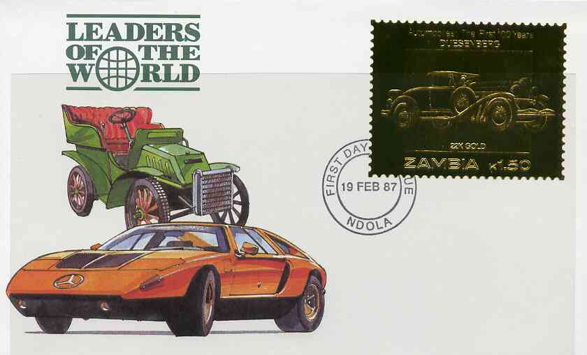 Zambia 1987 Classic Cars 1k50 Duesenberg in 22k gold foil on cover with first day of issue cancel, limited edition and very elusive, stamps on cars     duesenberg