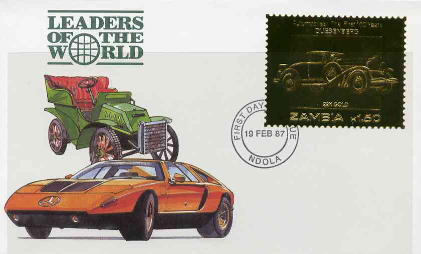 Zambia 1987 Classic Cars 1k50 Duesenberg in 22k gold foil on cover with first day of issue cancel, limited edition and very elusive, stamps on , stamps on  stamps on cars     duesenberg