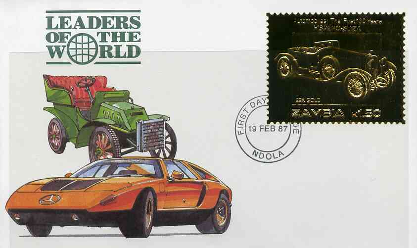 Zambia 1987 Classic Cars 1k50 Hispano-Suiza in 22k gold foil on cover with first day of issue cancel, limited edition and very elusive, stamps on , stamps on  stamps on cars        hispano suiza