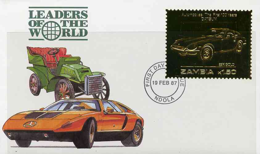 Zambia 1987 Classic Cars 1k50 Datsun in 22k gold foil on cover with first day of issue cancel, limited edition and very elusive