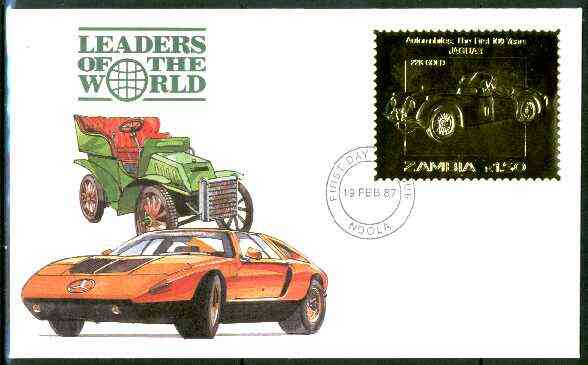 Zambia 1987 Classic Cars 1k50 Jaguar in 22k gold foil on cover with first day of issue cancel, limited edition and very elusive, stamps on , stamps on  stamps on cars     jaguar