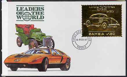 Zambia 1987 Classic Cars 1k50 Chrysler in 22k gold foil on cover with first day of issue cancel, limited edition and very elusive, stamps on , stamps on  stamps on cars     chrysler