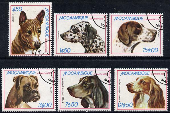 Mozambique 1979 Dogs set of 6 cto used, SG 785-90*, stamps on , stamps on  stamps on animals  dogs    dalmation    basenji   boxer    pointer   cocker-spaniel