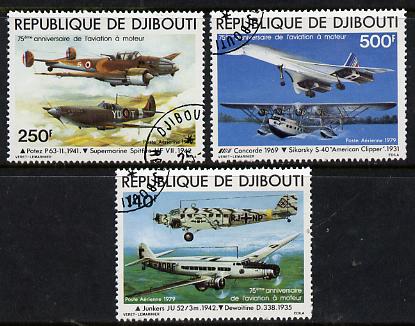 Djibouti 1979 Anniversary of Powered Flight set of 3 cto used, SG 760-62*, stamps on , stamps on  stamps on aviation, stamps on concorde, stamps on junkers, stamps on spitfire, stamps on seaplane, stamps on flying boats, stamps on  ww2 , stamps on  stamps on 