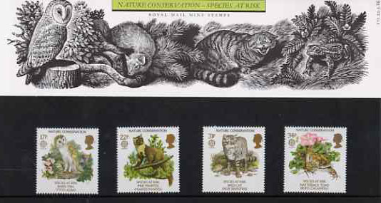 Great Britain 1986 Europa - Nature Conservation set of 4 in official presentation pack, SG 1320-23, stamps on , stamps on  stamps on europa, stamps on owls, stamps on birds of prey, stamps on martin, stamps on cats, stamps on toad, stamps on frogs