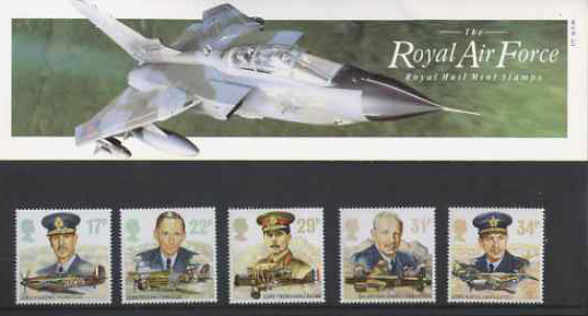 Great Britain 1986 History of the Royal Air Force set of 5 in official presentation pack SG 1336-40, stamps on , stamps on  stamps on aviation, stamps on  ww2 , stamps on personalities, stamps on  stamps on  ww2 , stamps on  stamps on  raf , stamps on  stamps on lancaster, stamps on hurricane, stamps on dh, stamps on typhoon, stamps on mosquito