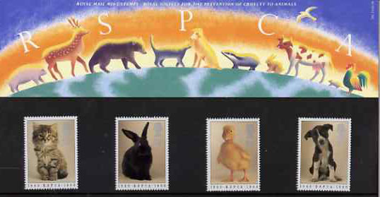 Great Britain 1990 Royal Society for Prevention of Cruelty to Animals 150th Anniversary set of 4 in official presentation pack SG 1479-82, stamps on , stamps on  stamps on animals, stamps on  stamps on cats, stamps on  stamps on dogs, stamps on  stamps on vets