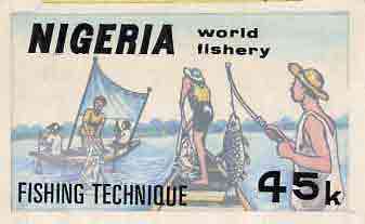 Nigeria 1983 World Fisheries - original hand-painted artwork for 45k value (Fishing Technique) by Godrick N Osuji on card 9 x 5 endorsed D6 on back, stamps on , stamps on  stamps on fish    food