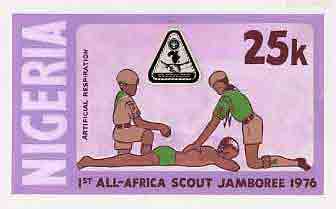 Nigeria 1977 First All-Africa Scout Jamboree - original hand-painted artwork for 25k value (Scouts applying Artificial Respiration) by unknown artist, on board 8.5 x 5 , stamps on scouts    medical
