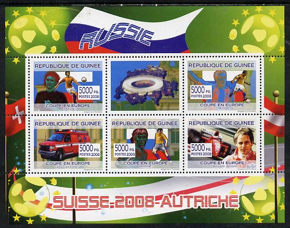 Guinea - Conakry 2008 European Football Championship - Russia perf sheetlet containing 5 values plus label unmounted mint, stamps on , stamps on  stamps on football, stamps on  stamps on railways, stamps on  stamps on ambulances, stamps on  stamps on  f1 , stamps on  stamps on formala 1, stamps on  stamps on cars