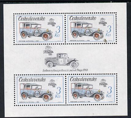 Czechoslovakia 1987 'Praga 88' 3kcs Mail van in sheetlet of 4 with decorative gutter unmounted mint (as SG 2881), stamps on , stamps on  stamps on postal  transport, stamps on  stamps on stamp exhibitions