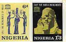 Nigeria 1964 Nubian Monuments - original composite artwork for 6d & 1s3d values in pair by Robert Hegeman of Illinois, each  4 x 5.5 on board endorsed Group 4 together if possible, stamps on , stamps on  stamps on archaeology      architecture  buildings      egyptology  monuments  tourism    civil engineering