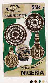 Nigeria 1985 World Tourism Day - original hand-painted artwork for 55k value (Nigerian Crafts) by NSP&MCo Staff Artist Samuel A M Eluare on card 5 x 9 endorsed C5 and 'Selected', stamps on , stamps on  stamps on crafts