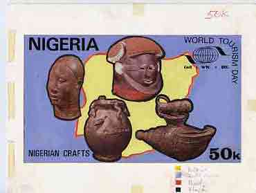 Nigeria 1985 World Tourism Day - original hand-painted artwork for 50k value (Nigerian Crafts) by NSP&MCo Staff Artist Mrs A O Adeyeye on card 8.5 x 5 reverse endorsed B4 & Selected, stamps on crafts   maps