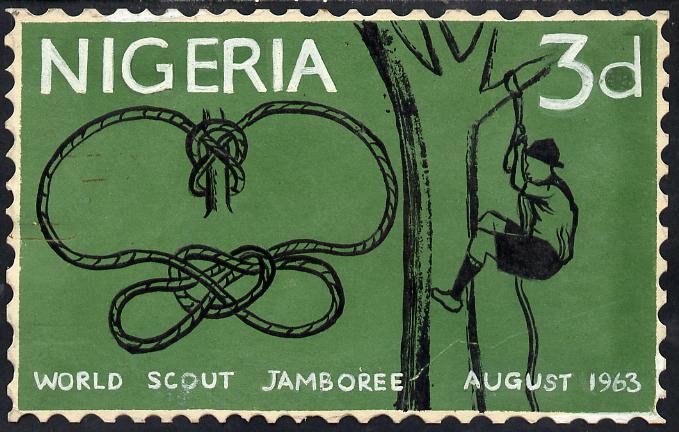 Nigeria 1963 11th World Scout Jamboree - original hand-painted artwork for 3d value (Scout climbing Tree & Knots) by unknown artist on card 6.5 x 4 , stamps on scouts, stamps on knots