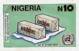 Nigeria 1995 50th Anniversary of United Nations - original hand-painted artwork for N10 value by Godrick N Osuji (Say No To Hard Drugs) on card 8.5 x 5 endorsed D1