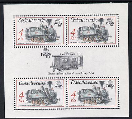 Czechoslovakia 1987 Praga 88 4kcs Tank Locomotives in sheetlet of 4 with decorative gutter unmounted mint (as SG 2882), stamps on railways, stamps on stamp exhibitions