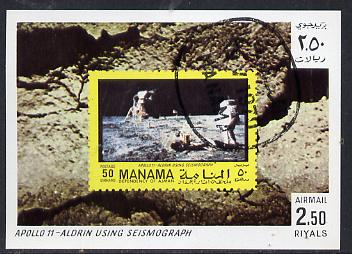 Manama 1970 Space Flight imperf m/sheet showing Apollo 11 stamp cto used, Mi BL 81, stamps on space, stamps on stamp on stamp, stamps on stamponstamp