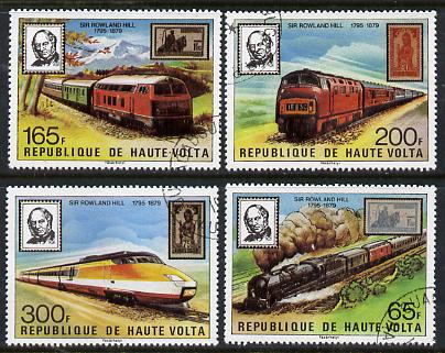 Upper Volta 1979 Sir Rowland Hill set of 4 (Trains & Stamps) cto used, SG 523-26, stamps on , stamps on  stamps on railways, stamps on stamp on stamp, stamps on rowland hill    , stamps on  stamps on stamponstamp