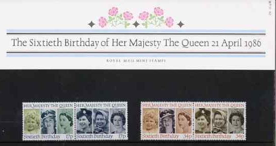 Great Britain 1986 Queens 60th Birthday set of 4 in official presentation pack, SG 1316a & 1318a, stamps on royalty, stamps on 60th