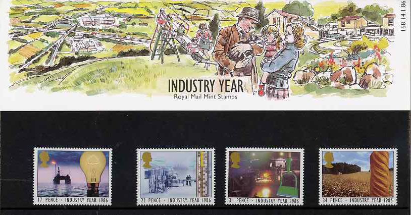 Great Britain 1986 Industry Year set of 4 in official presentation pack, SG 1308-11, stamps on industry, stamps on  oil , stamps on agriculture, stamps on health, stamps on energy, stamps on bread, stamps on food.medical