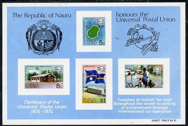 Nauru 1974 UPU Centenary imperf m/sheet unmounted mint, SG MS 126, stamps on , stamps on  stamps on upu    maps    postal    flags    motorbikes, stamps on  stamps on  upu , stamps on  stamps on 