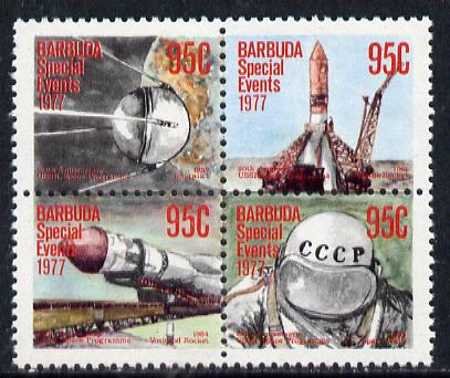 Barbuda 1977 20th Anniversary of USSR Space Programme 95c se-tenant block of 4 from Special Events set of 20 (SG 367a) unmounted mint, stamps on space
