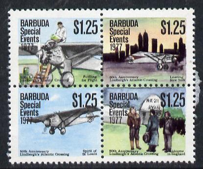 Barbuda 1977 50th Anniversary of Lindberghs Transatlantic Flight $1.25 se-tenant block of 4 unmounted mint from Special Events set, SG 371a, stamps on aviation, stamps on masonics, stamps on lindbergh, stamps on masonry