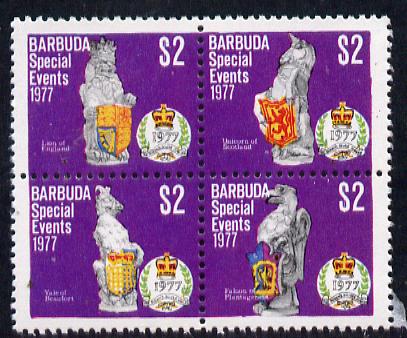 Barbuda 1977 Silver Jubilee $2 se-tenant block of 4 unmounted mint from Special Events set, SG 375a, stamps on , stamps on  stamps on royalty    silver jubilee 