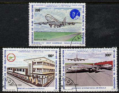 Cameroun 1991 10th Anniversary of Airlines set of 3 cto used, SG 899-901*, stamps on aviation