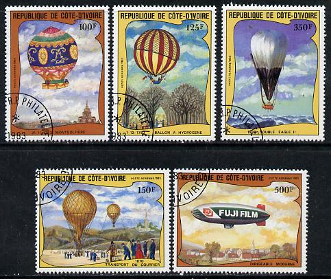Ivory Coast 1983 Bicentenary of Manned Flight set of 5 cto used, SG 760-64, stamps on aviation, stamps on balloons, stamps on photography