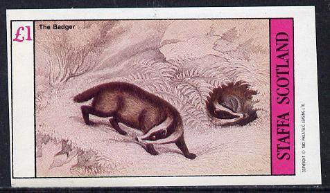 Staffa 1982 Animals (Badger) imperf souvenir sheet (£1 value) unmounted mint, stamps on animals