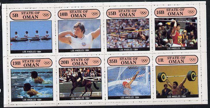 Oman 1984 Los Angeles Olympic Games complete perf  set of 8 values (5b to 1R) unmounted mint, stamps on , stamps on  stamps on rowing   shot   high jump    javelin    swimming    dressage    water polo   weightlifting    olympics