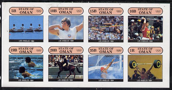 Oman 1984 Los Angeles Olympic Games complete imperf  set of 8 values (5b to 1R) unmounted mint, stamps on , stamps on  stamps on rowing   shot   high jump    javelin    swimming    dressage    water polo   weightlifting    olympics