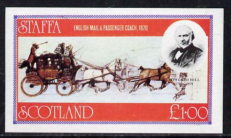 Staffa 1979 Rowland Hill (Mail Coach) imperf souvenir sheet (£1 value) unmounted mint, stamps on postal    rowland hill     mail coaches