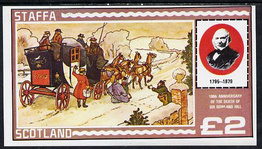 Staffa 1979 Rowland Hill (Mail Coach) imperf deluxe sheet (£2 value) unmounted mint, stamps on postal    rowland hill     mail coaches