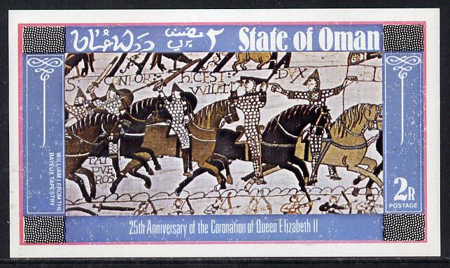 Oman 1978 Coronation 25th Anniversary (Bayeux Tapestry) imperf deluxe sheet (2R value) unmounted mint, stamps on royalty, stamps on textiles, stamps on battles, stamps on history, stamps on crafts