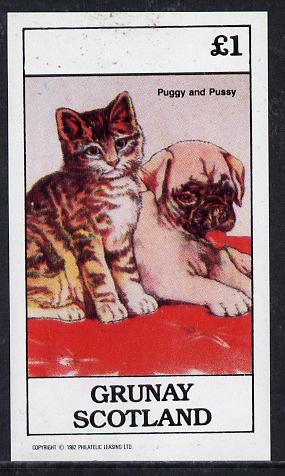 Grunay 1982 Children's Animals (Puggy & Pussy) imperf souvenir sheet (£1 value), stamps on cats    dogs